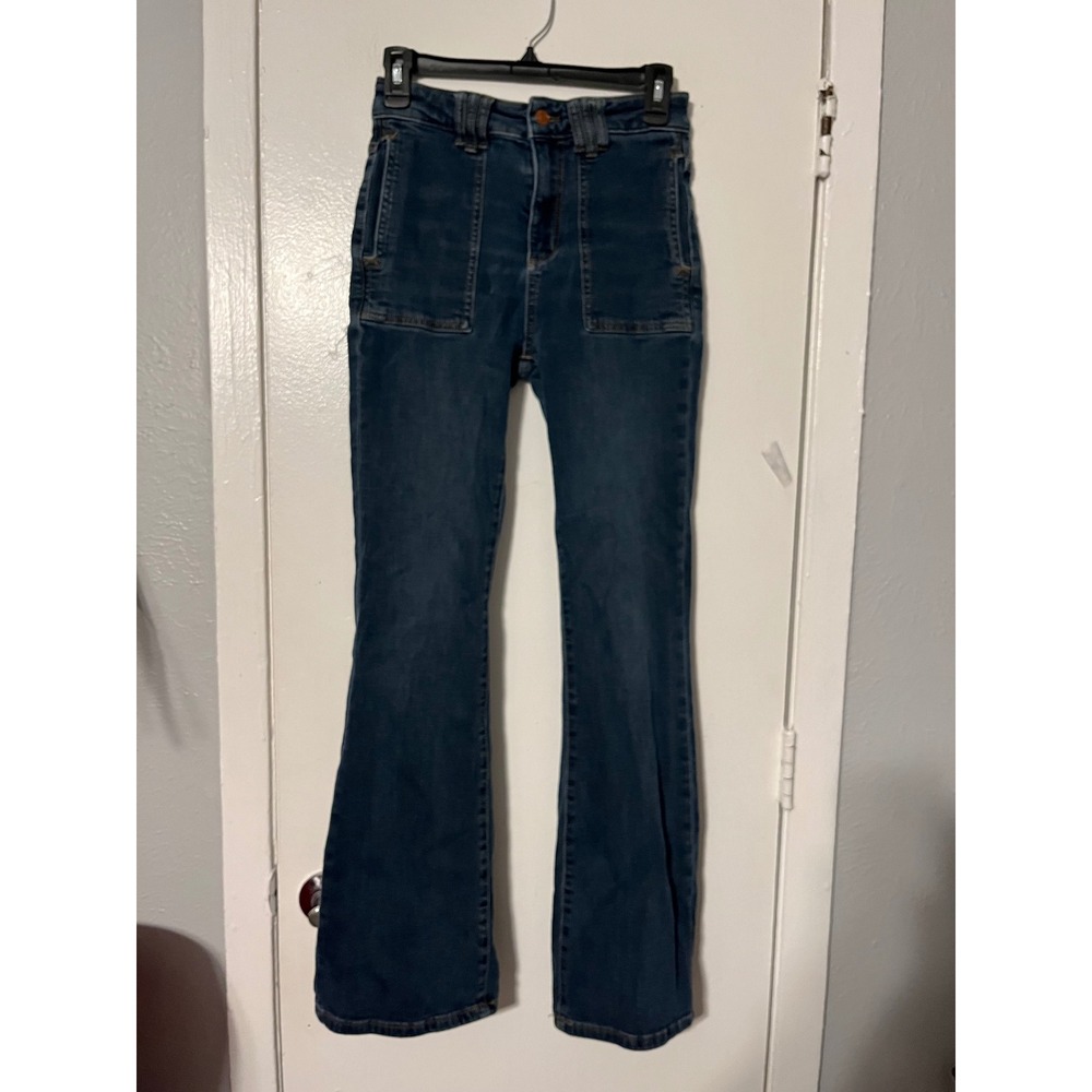 Pilcro The Icon Flare Jeans 26 Medium Wash High Rise Patch Pocket Blue Denim